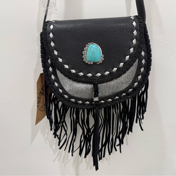 NWT Catchfly Studios Bohemian Western Fringe Crossbody Black Leather Bag - Picture 2 of 12